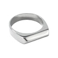A polished silver-toned metal signet ring with a wide, flat rectangular face