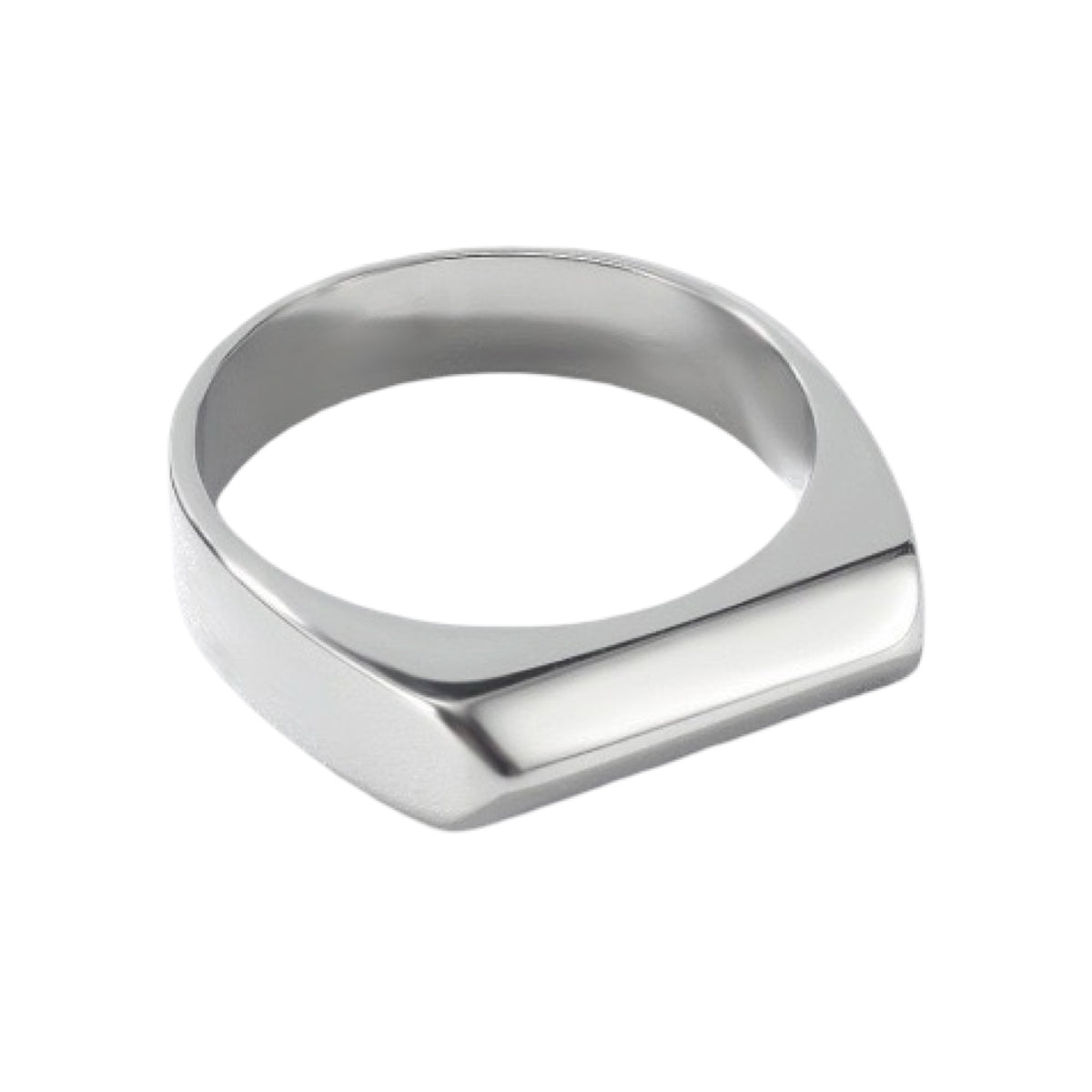 A polished silver-toned metal signet ring with a wide, flat rectangular face