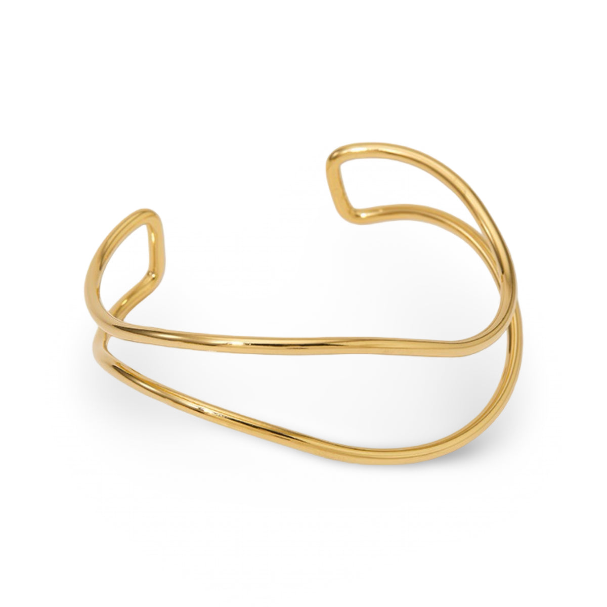 A polished open cuff bangle with a modern, flowing organic loop design